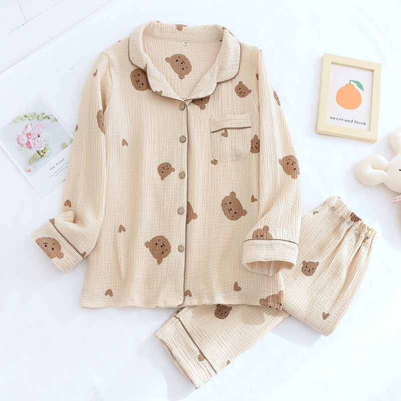Crepe Bear Love Couple Long Pajama Suit