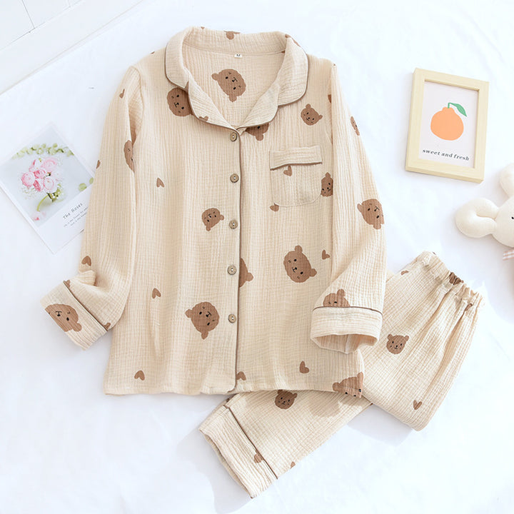 Crepe Bear Love Couple Long Pajama Suit
