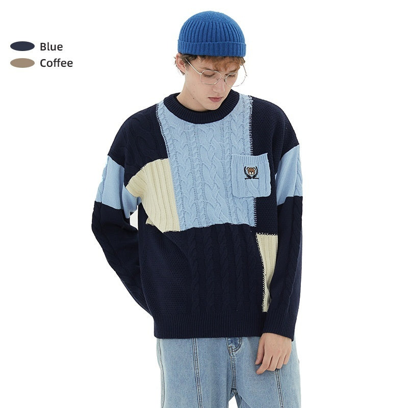 Color Matching Long Sleeve Round Neck Couple Wear Cable-knit Sweater Women
