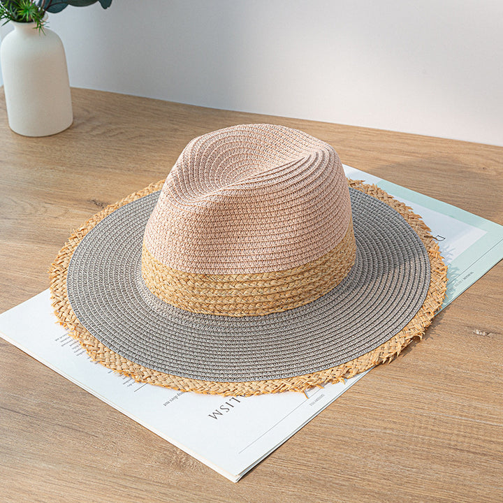 Retro Color Matching Raw Edge Straw Hat