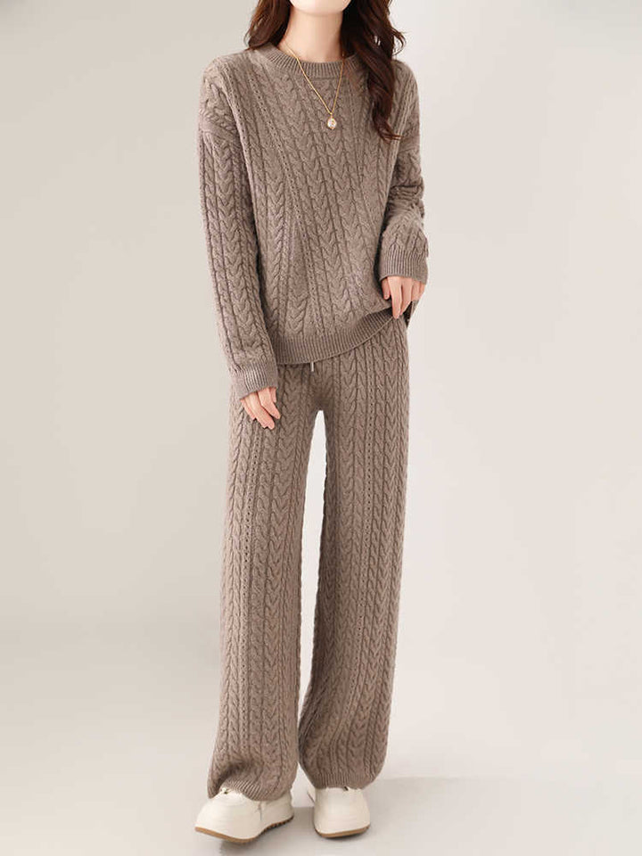 Autumn And Winter New Round Neck Pure Wool Sweater Women's Loose Slimming Twisted Thickened Sweater Trousers Suit