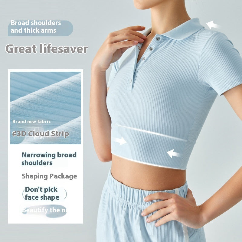 Shoulder Polo Collar Yoga Short-sleeved T-shirt