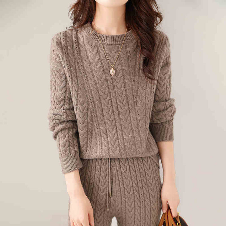 Autumn And Winter New Round Neck Pure Wool Sweater Women's Loose Slimming Twisted Thickened Sweater Trousers Suit