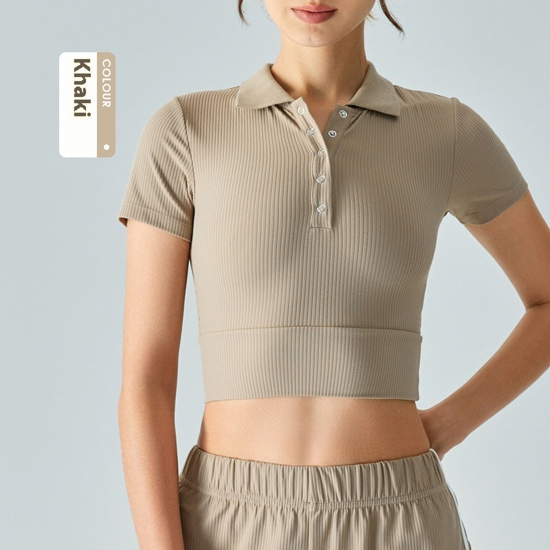 Shoulder Polo Collar Yoga Short-sleeved T-shirt