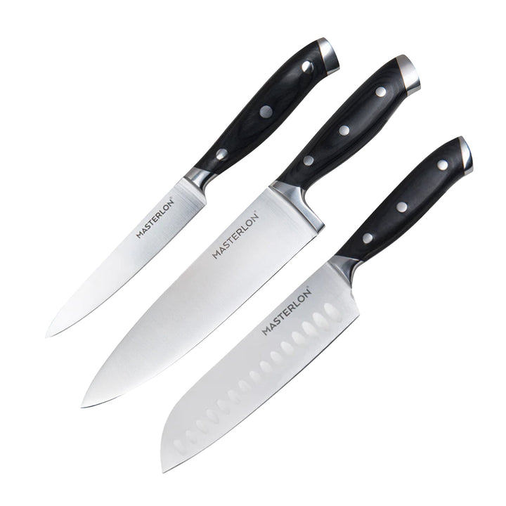MASTERPAN Essential Chef’s Knife Bundle - 8" Chef’s Knife, 8" Slicer Knife & 7" Santoku Knife - Stainless Steel Blades with Protective Covers