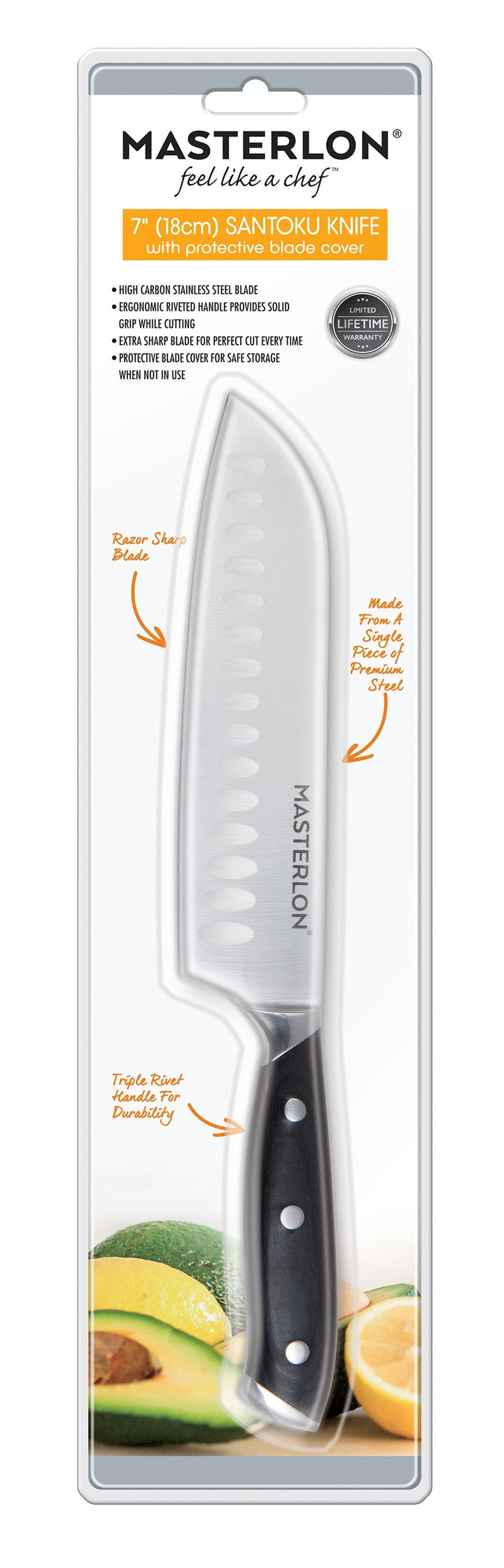 MASTERPAN Santoku Knife With Stainless Steel blade & Cover, 7" (18cm)