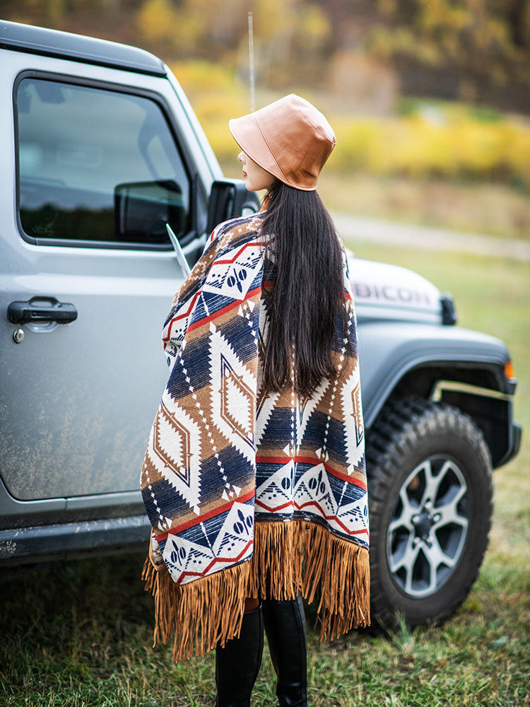 Ethnic Style Woolen Vintage Print Tassel Cape And Shawl Coat
