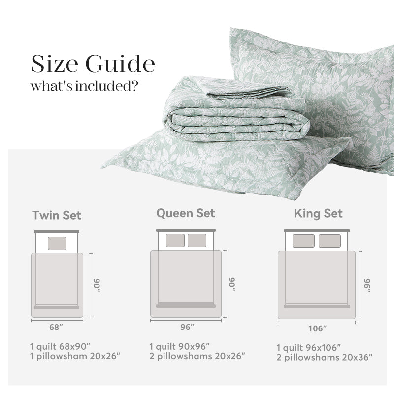 Kasentex Lightweight Botanical Green Floral Quilt Set - Light All Season Bedding, Room Decor, Graduation Gifts