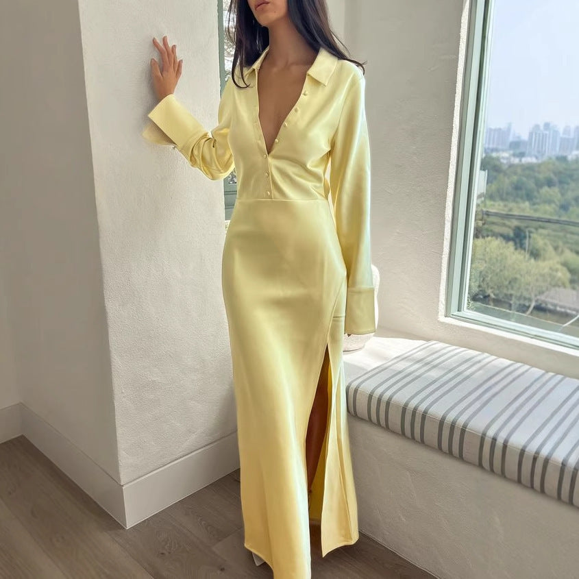 Women's Satin Dress Long Sleeve Split