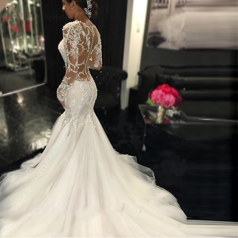 Trailing White Lace Wedding Dress c