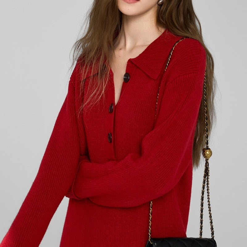 Retro Red Knitted Dress Women's Long Slimming