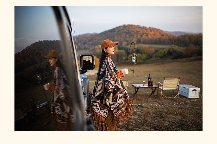 Ethnic Style Woolen Vintage Print Tassel Cape And Shawl Coat