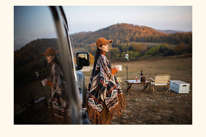 Ethnic Style Woolen Vintage Print Tassel Cape And Shawl Coat