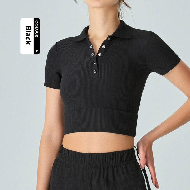 Shoulder Polo Collar Yoga Short-sleeved T-shirt