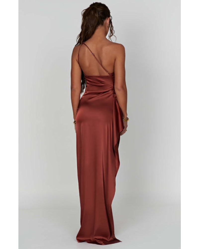 Slim-fit Slant Shoulder Split Satin Dress
