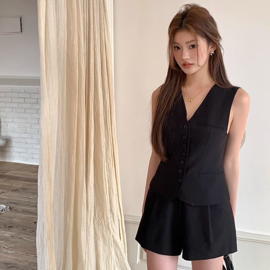 Black V-neck Top Suit Women's Vest Shorts Casual Suit