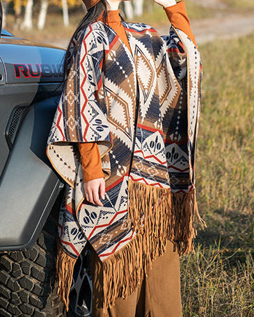 Ethnic Style Woolen Vintage Print Tassel Cape And Shawl Coat