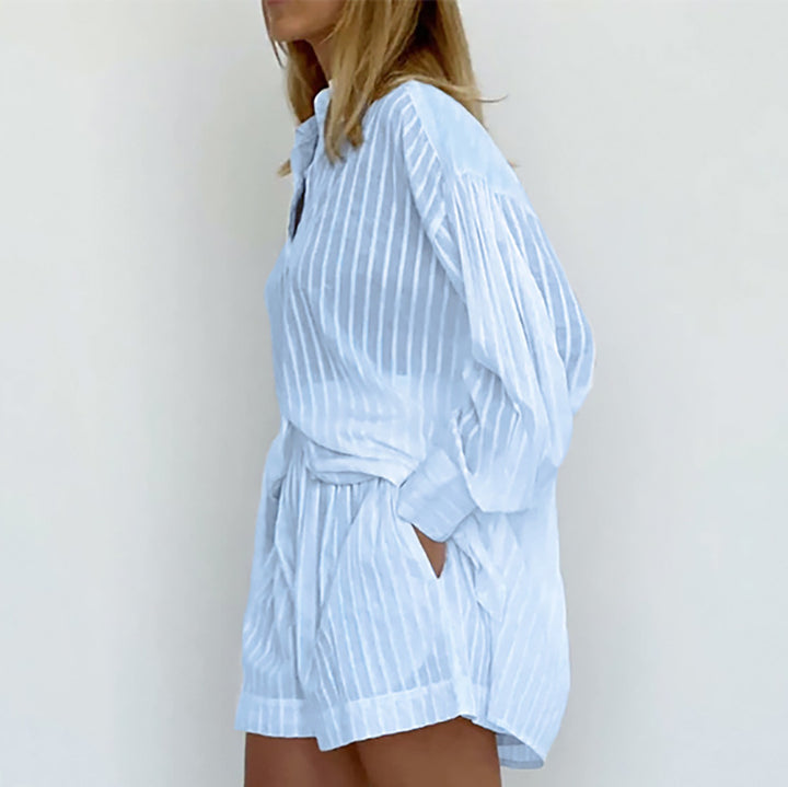 Graceful Striped Puff Sleeve Shorts Suit