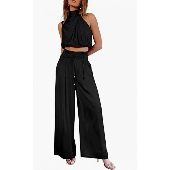 Sleeveless Suit Midriff-baring Top And Wide Leg Pants