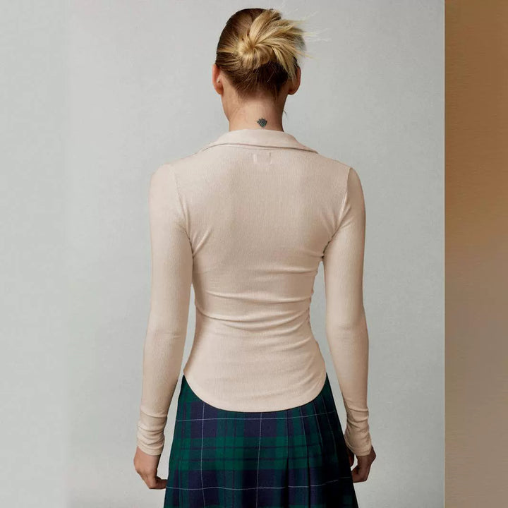 Women's Thread Polo Collar Long Sleeve Slim-fit Top