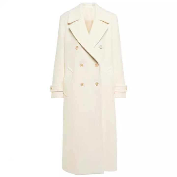 Lapel Double Breasted Elegant Mid-length Women's White Coat Elegant Overcoat