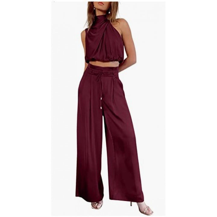 Sleeveless Suit Midriff-baring Top And Wide Leg Pants