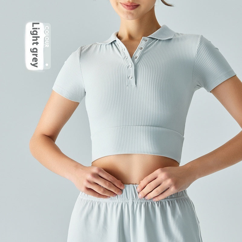 Shoulder Polo Collar Yoga Short-sleeved T-shirt