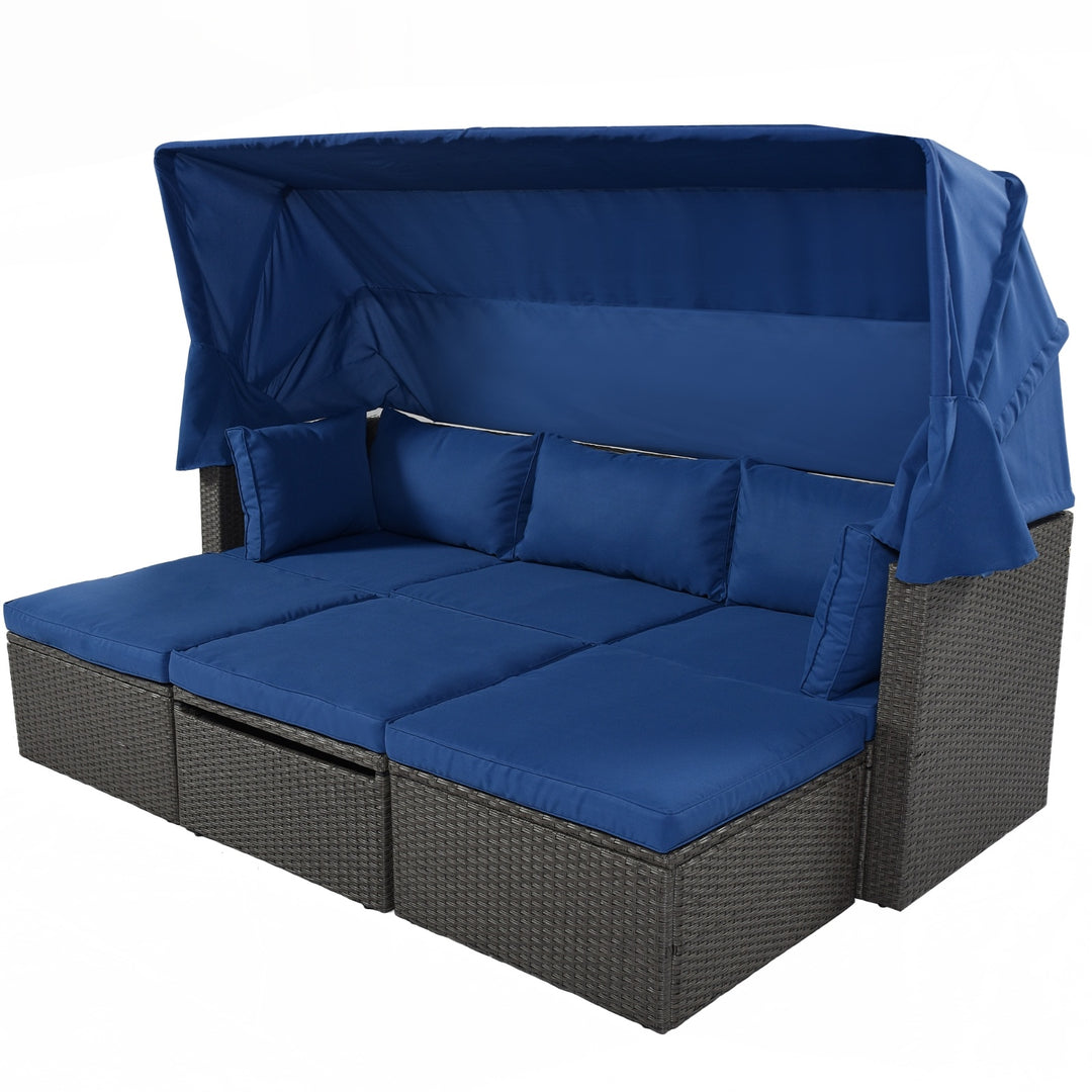 U Style Patio Rectangle Daybed With Canopy, Wicker Sectional Seating