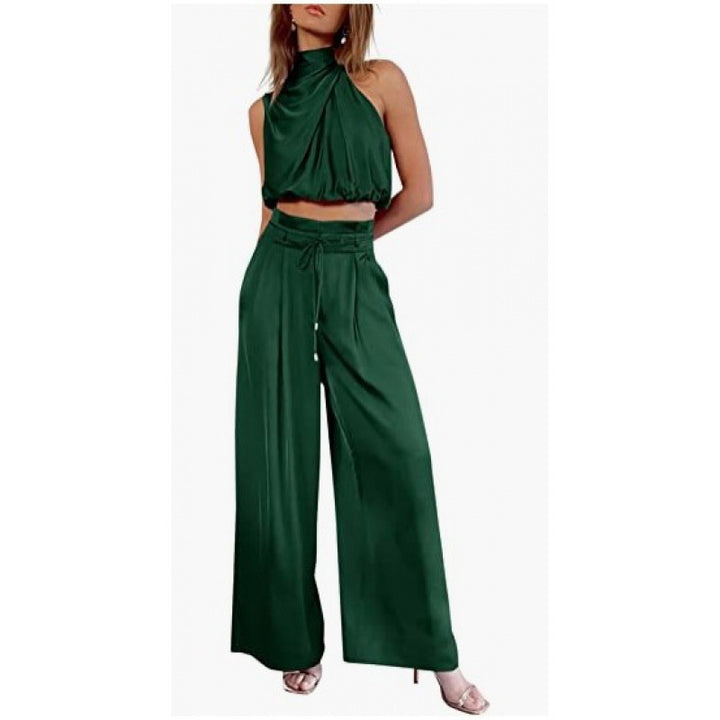 Sleeveless Suit Midriff-baring Top And Wide Leg Pants