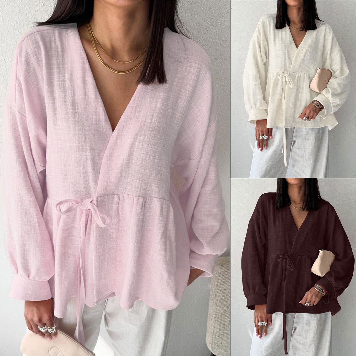 Shirt Women's Imitation Cotton And Linen Lace-up Stomach Blanket Long Sleeve Top