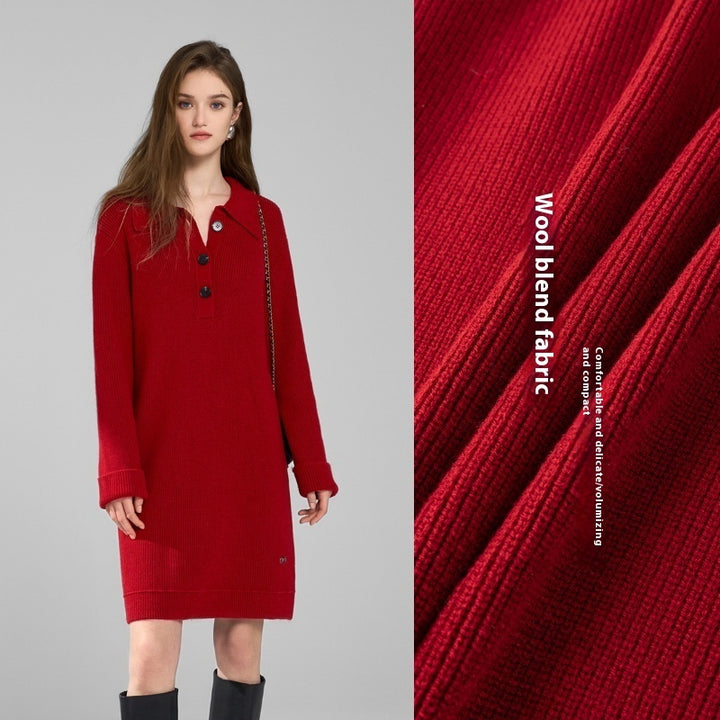 Retro Red Knitted Dress Women's Long Slimming