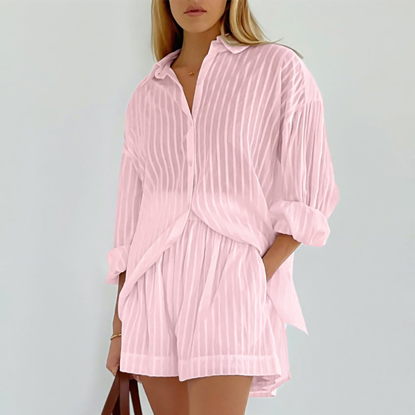 Graceful Striped Puff Sleeve Shorts Suit