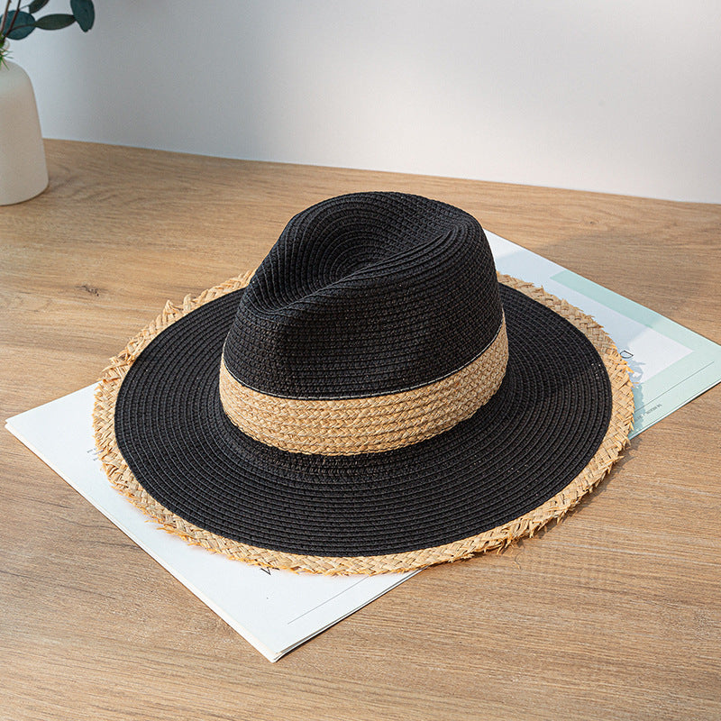 Retro Color Matching Raw Edge Straw Hat