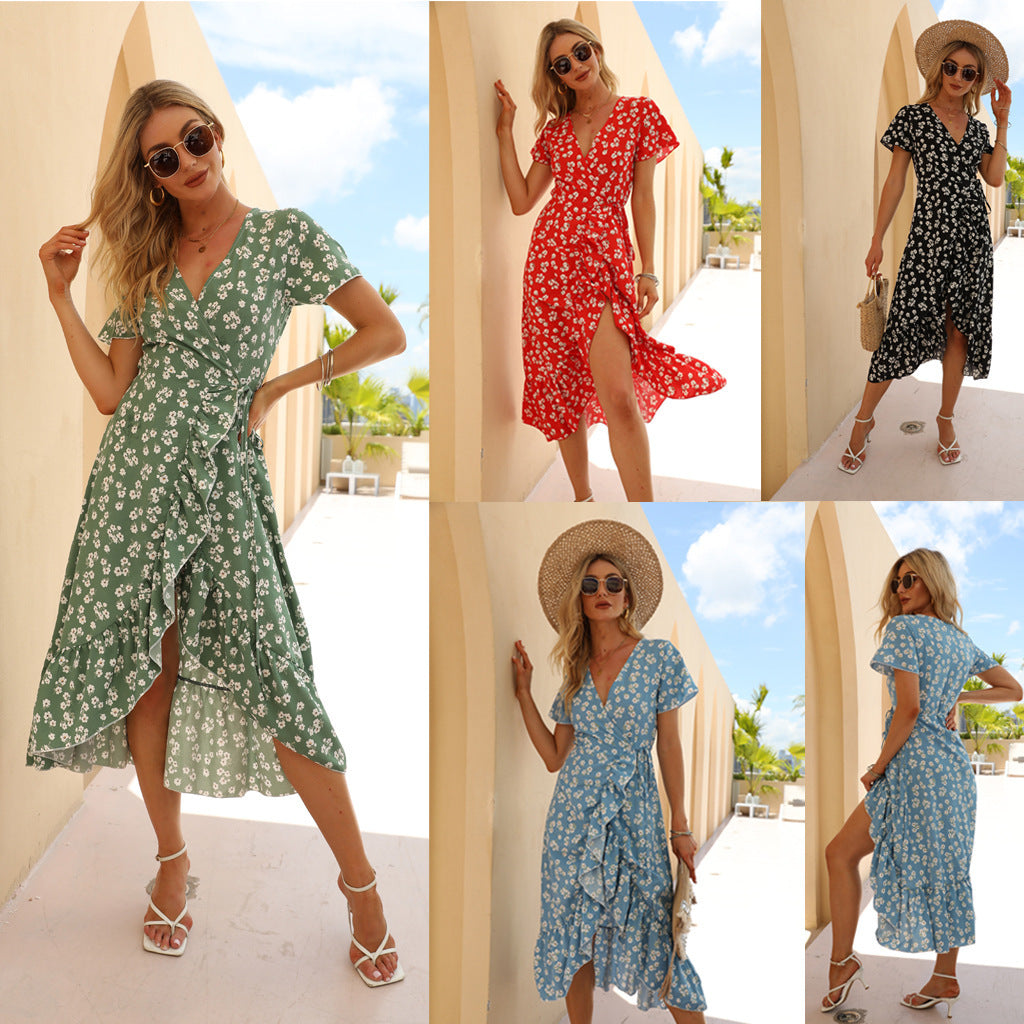 New Sexy Chiffon Print V-Neck Ruffled Beach Dress