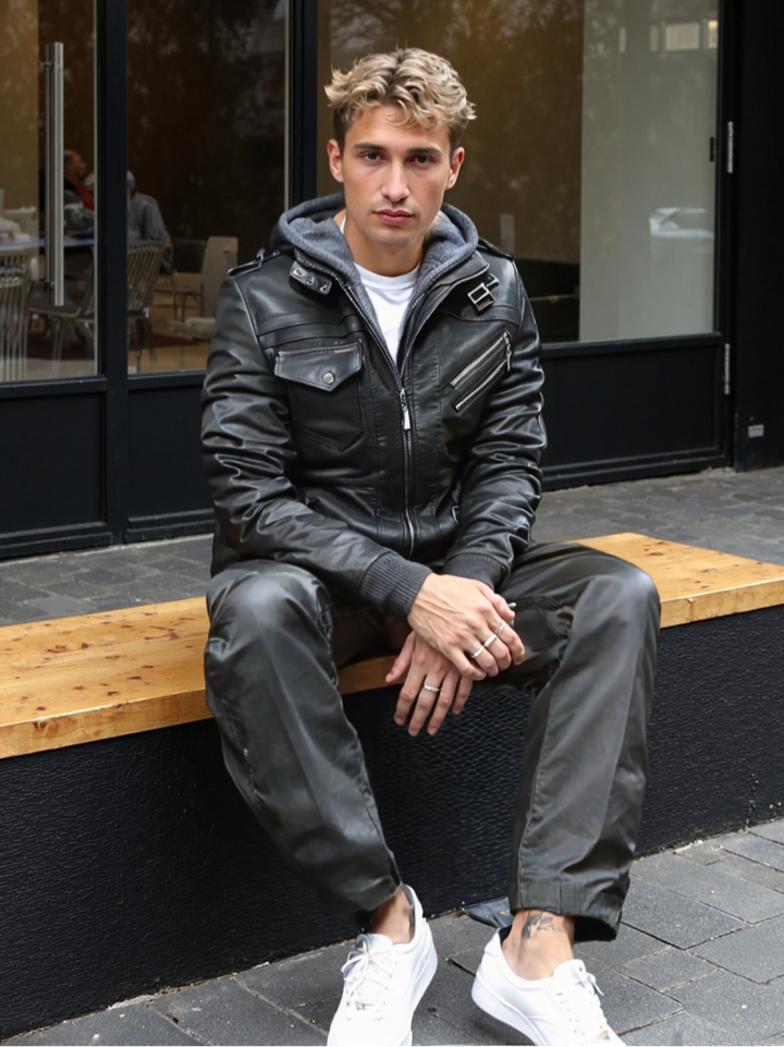 Mens Hooded Faux Leather Biker Jacket