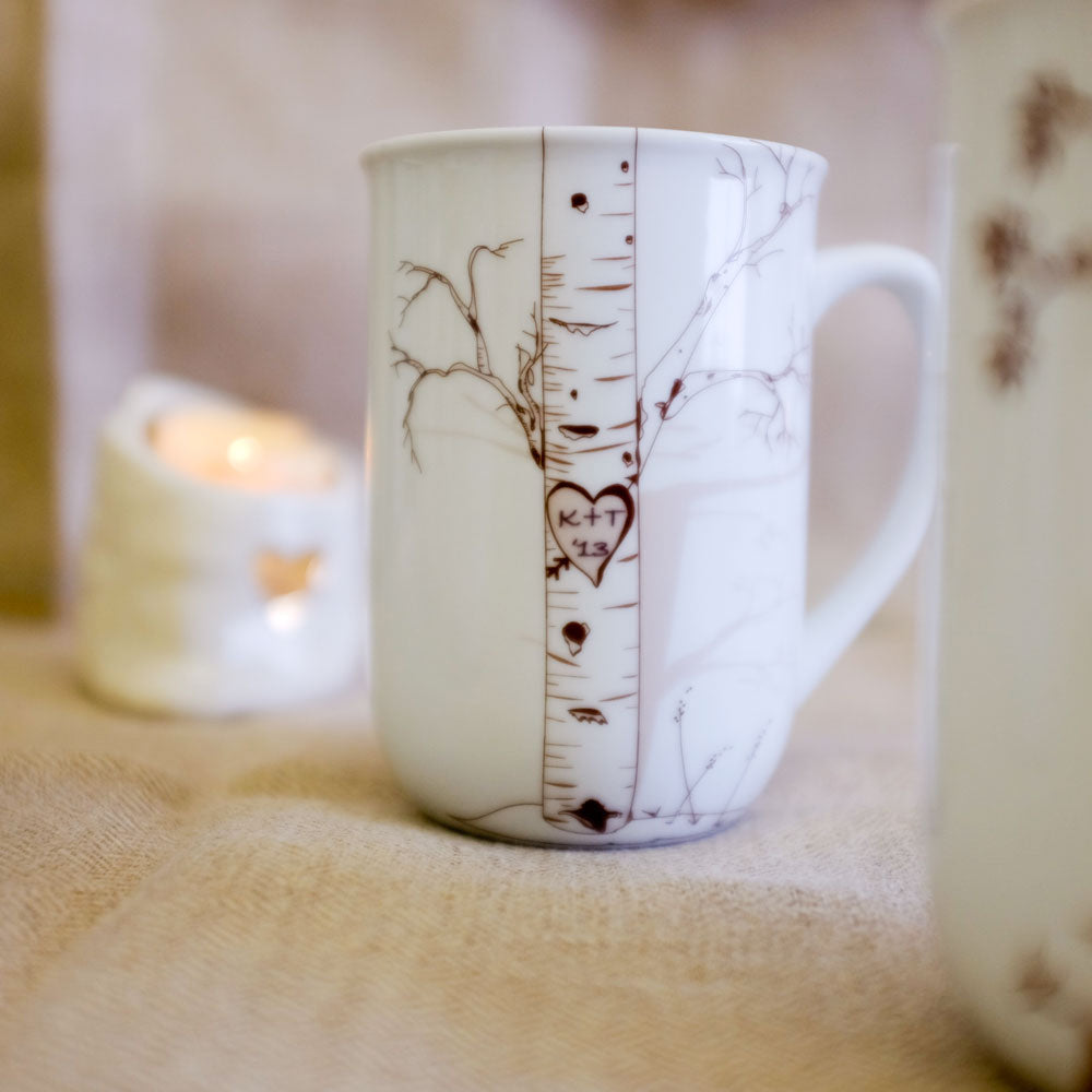 Personalized Ceramic Birch Mug Set – Custom Initials in Heart Design