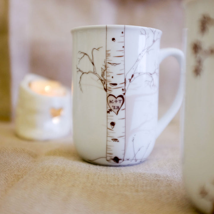 Personalized Ceramic Birch Mug Set – Custom Initials in Heart Design