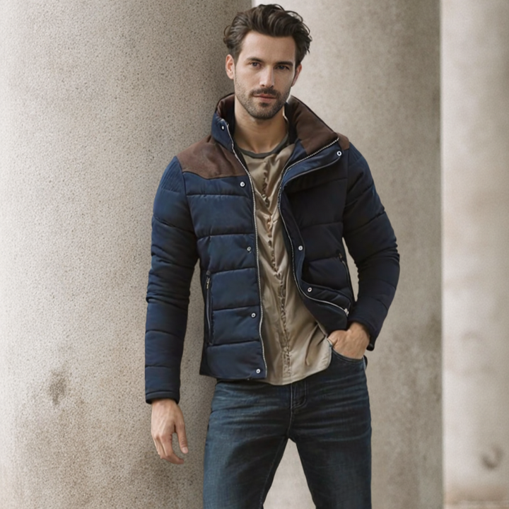 Mens Stand Collar Puffer Jacket in Navy Blue