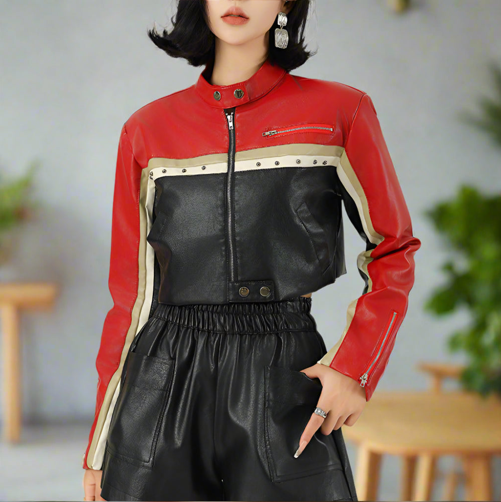 Women Cropped Vegan Leather Biker Jacket