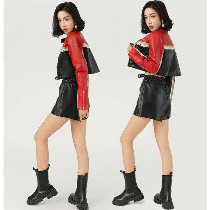 Women Cropped Vegan Leather Biker Jacket