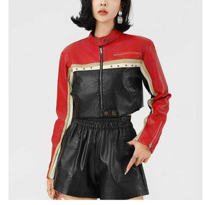 Women Cropped Vegan Leather Biker Jacket