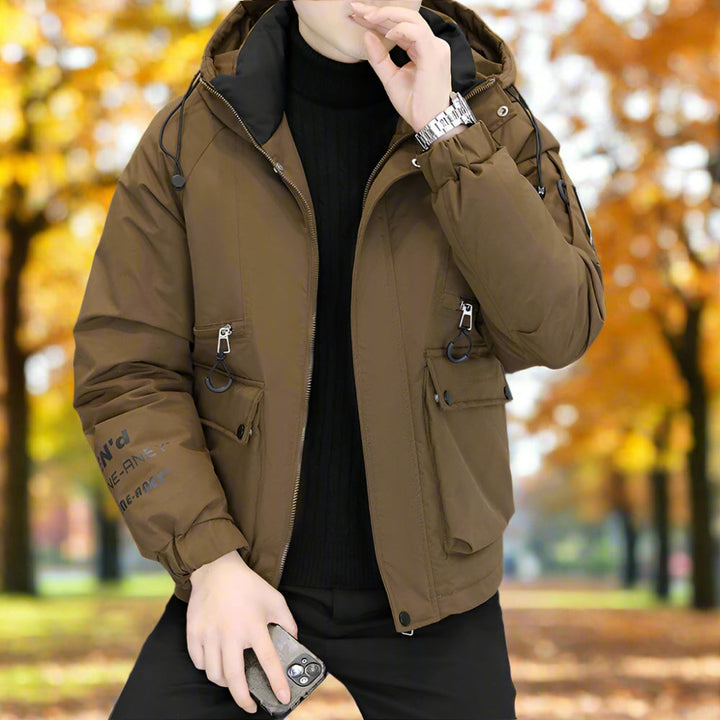 Mens High Collar Zipper Hooded Jacket