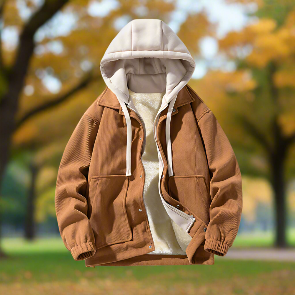 Mens Layered Look Hooded Corduroy Jacket With Faux Fur Lining