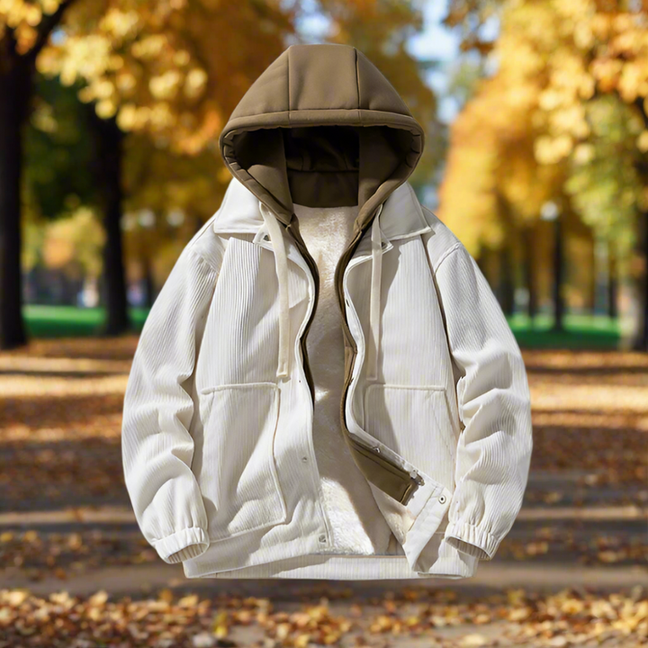 Mens Layered Look Hooded Corduroy Jacket With Faux Fur Lining
