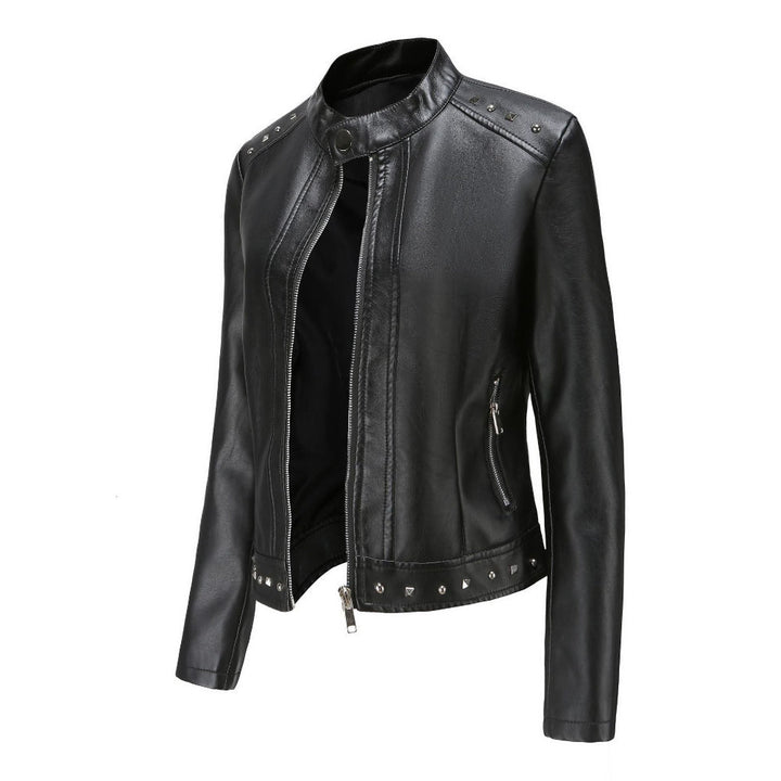 Women's Stand Collar Vegan Leather Jacket With Studs