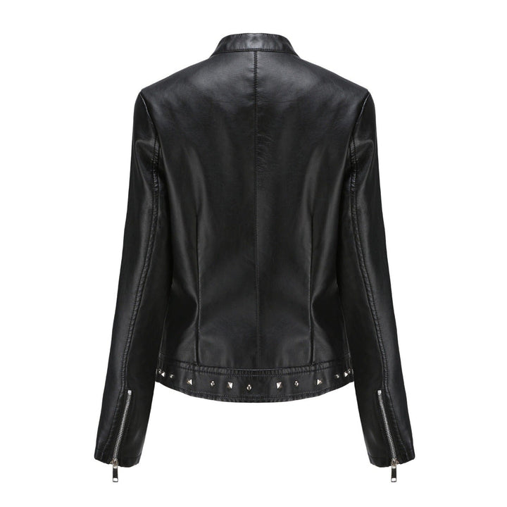 Women's Stand Collar Vegan Leather Jacket With Studs