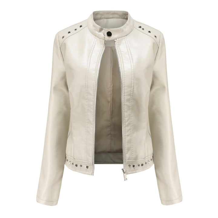 Women's Stand Collar Vegan Leather Jacket With Studs