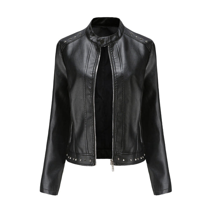 Women's Stand Collar Vegan Leather Jacket With Studs