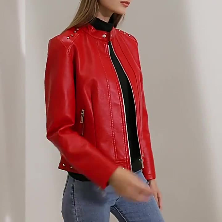 Women's Stand Collar Vegan Leather Jacket With Studs