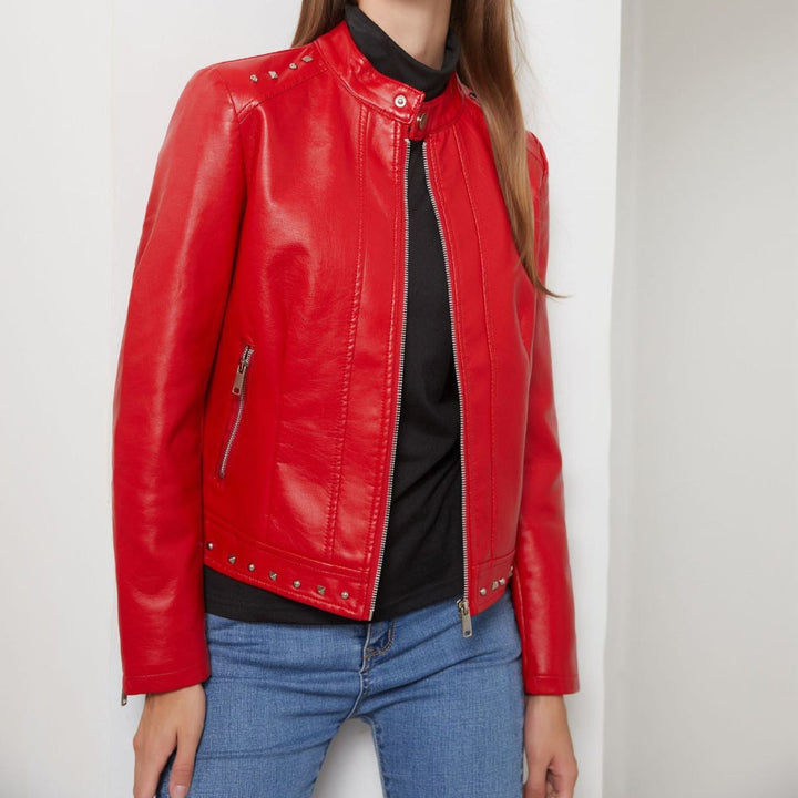 Women's Stand Collar Vegan Leather Jacket With Studs